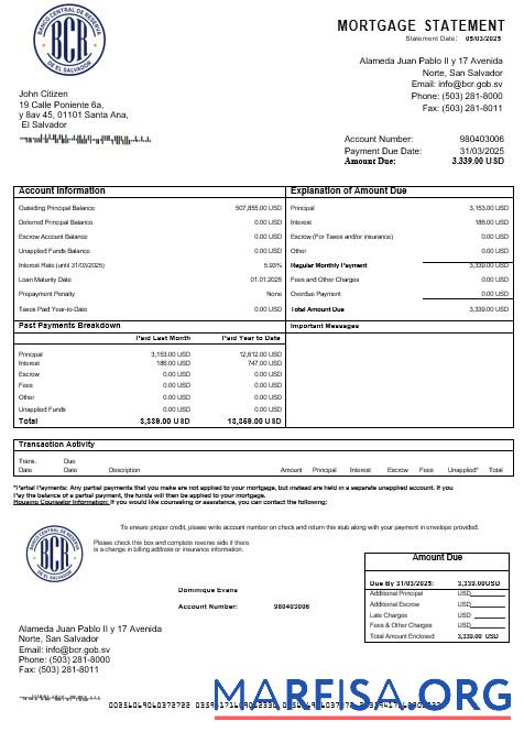 Blank Salvador Banco Central de Reserva mortgage statement in Word and PDF formats download for verification
